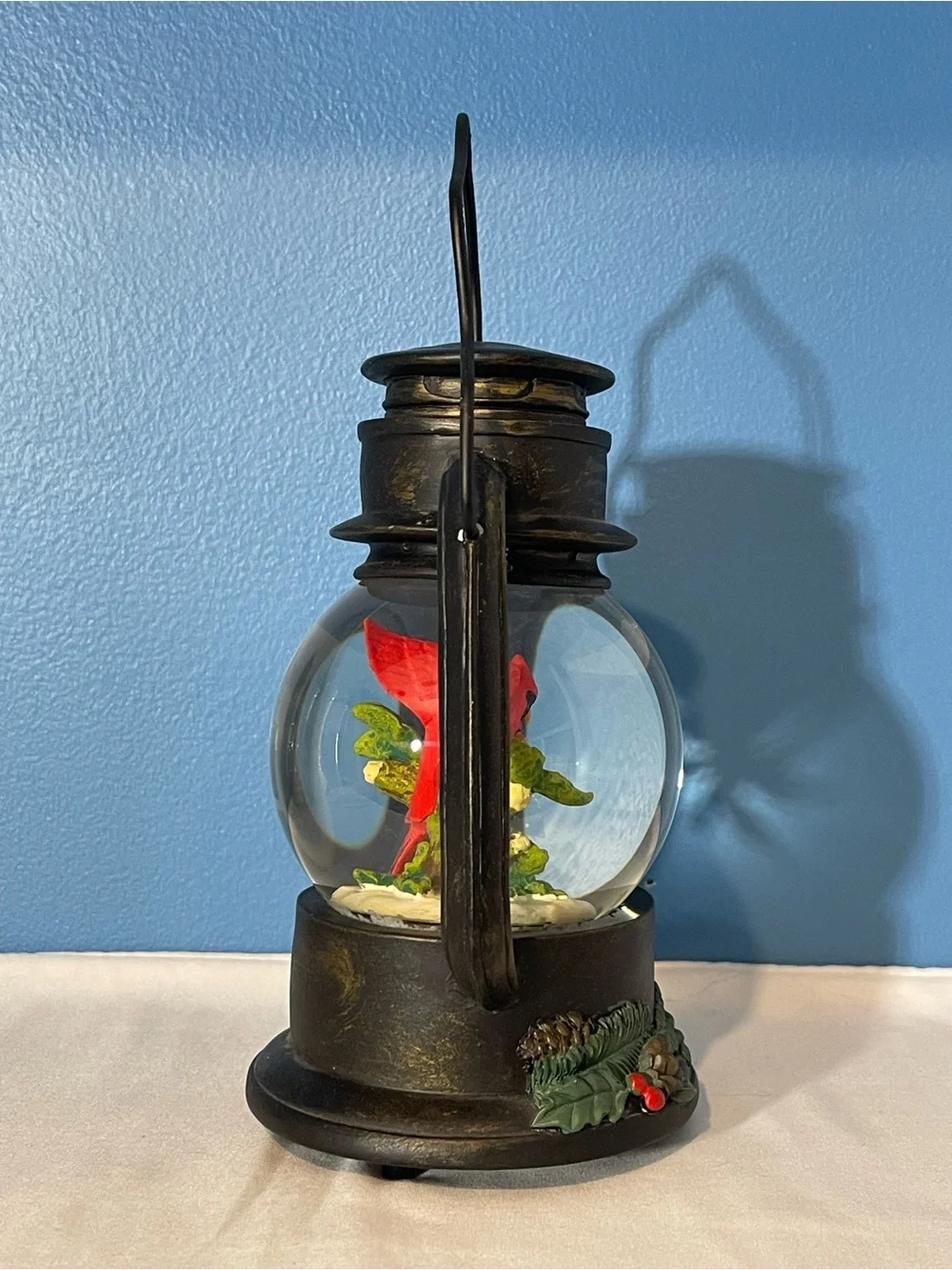 Vintage-Style Black Lantern Snow Globe with Red Cardinals